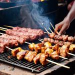 ** A bustling street food stall in Conakry, Guinea, with a vendor grilling "brochette" (meat skewers) over charcoal. Focus on the aroma, vibrant colors, and lively atmosphere. Include a close-up of the skewers being basted with a peanut sauce.

**