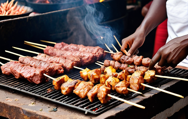 ** A bustling street food stall in Conakry, Guinea, with a vendor grilling "brochette" (meat skewers) over charcoal. Focus on the aroma, vibrant colors, and lively atmosphere. Include a close-up of the skewers being basted with a peanut sauce.
**