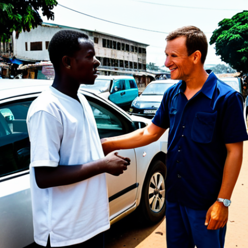 A professional, adult male traveler in modest, fully clothed attire stands beside a mid-sized, clean sedan on a bustling, well-lit street in Conakry, Guinea. He is engaging in conversation with a local car mechanic, who is also fully clothed in appropriate, professional work attire. The traveler uses polite hand gestures and a calm expression, attempting to communicate a vehicle issue to the mechanic, highlighting the communication barrier. The scene captures an authentic daily life moment, focusing on a respectful interaction. The subjects have perfect anatomy, correct proportions, and a natural pose. The image is safe for work, appropriate content, and family-friendly, rendered with professional photography quality.